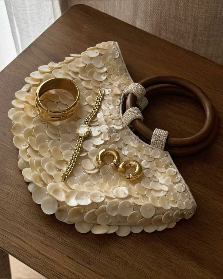 Mother-of-Pearl Shell Tote Bag with Wooden Handles