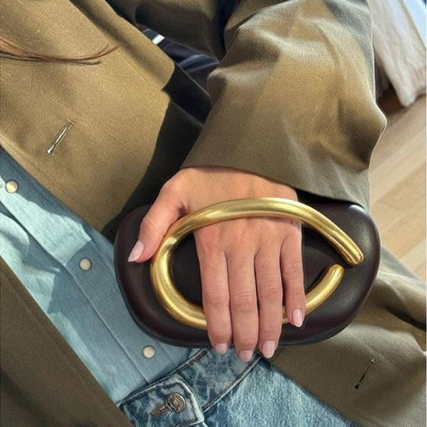 Modern Sculptural PU Leather Clutch - Geometric Evening Bag with Gold Metallic Handle