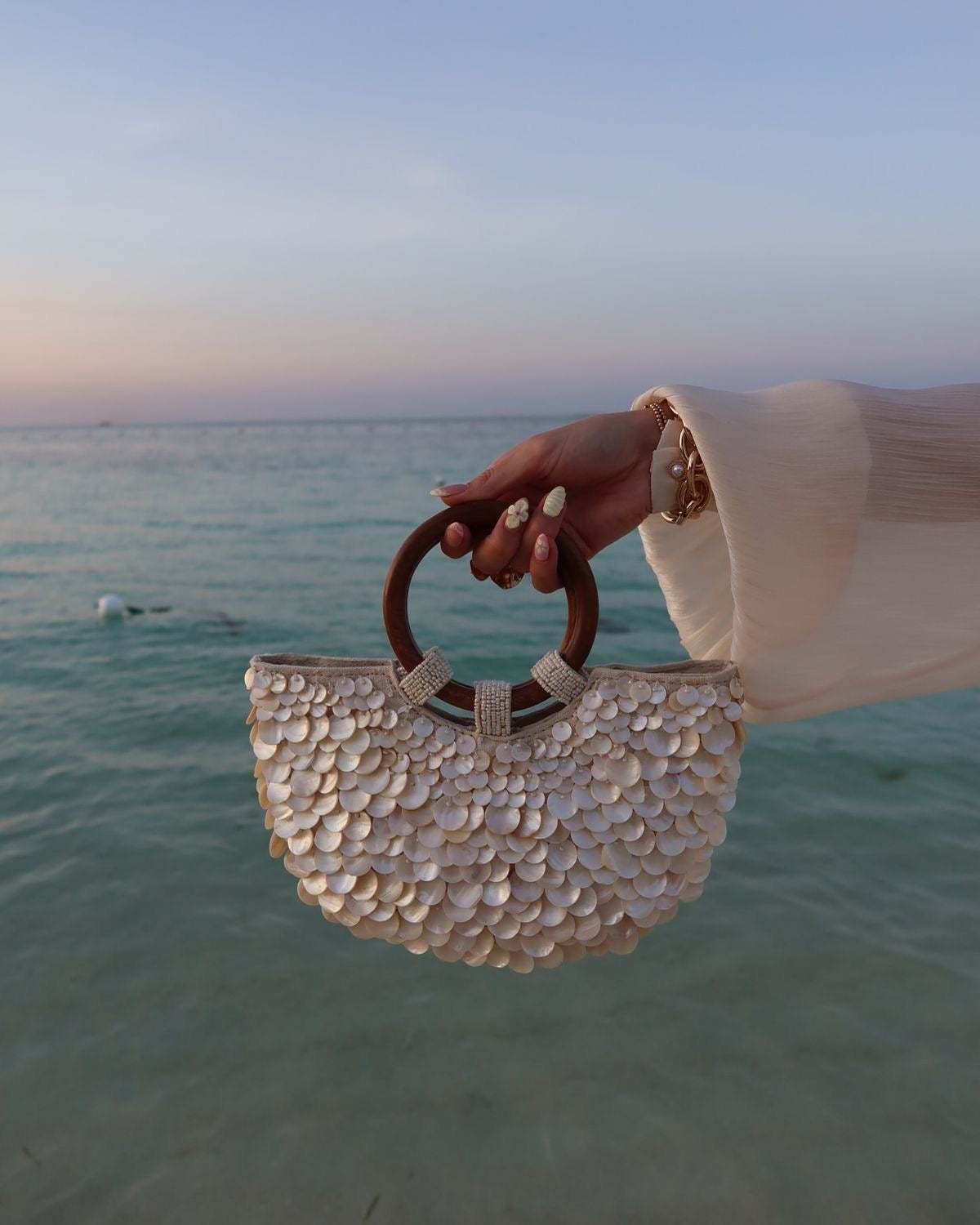 Mother-of-Pearl Shell Tote Bag with Wooden Handles