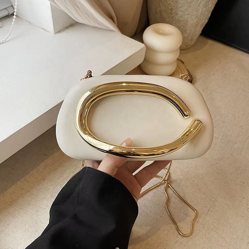 Modern Sculptural PU Leather Clutch - Geometric Evening Bag with Gold Metallic Handle