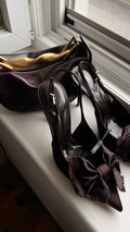 Dark Brown Satin Bow Slingback Heels – Pointed Toe, 10 cm Heel, Sizes 35–42