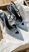 Denim Crisscross Strap Pointed-Toe Heels – Light Blue