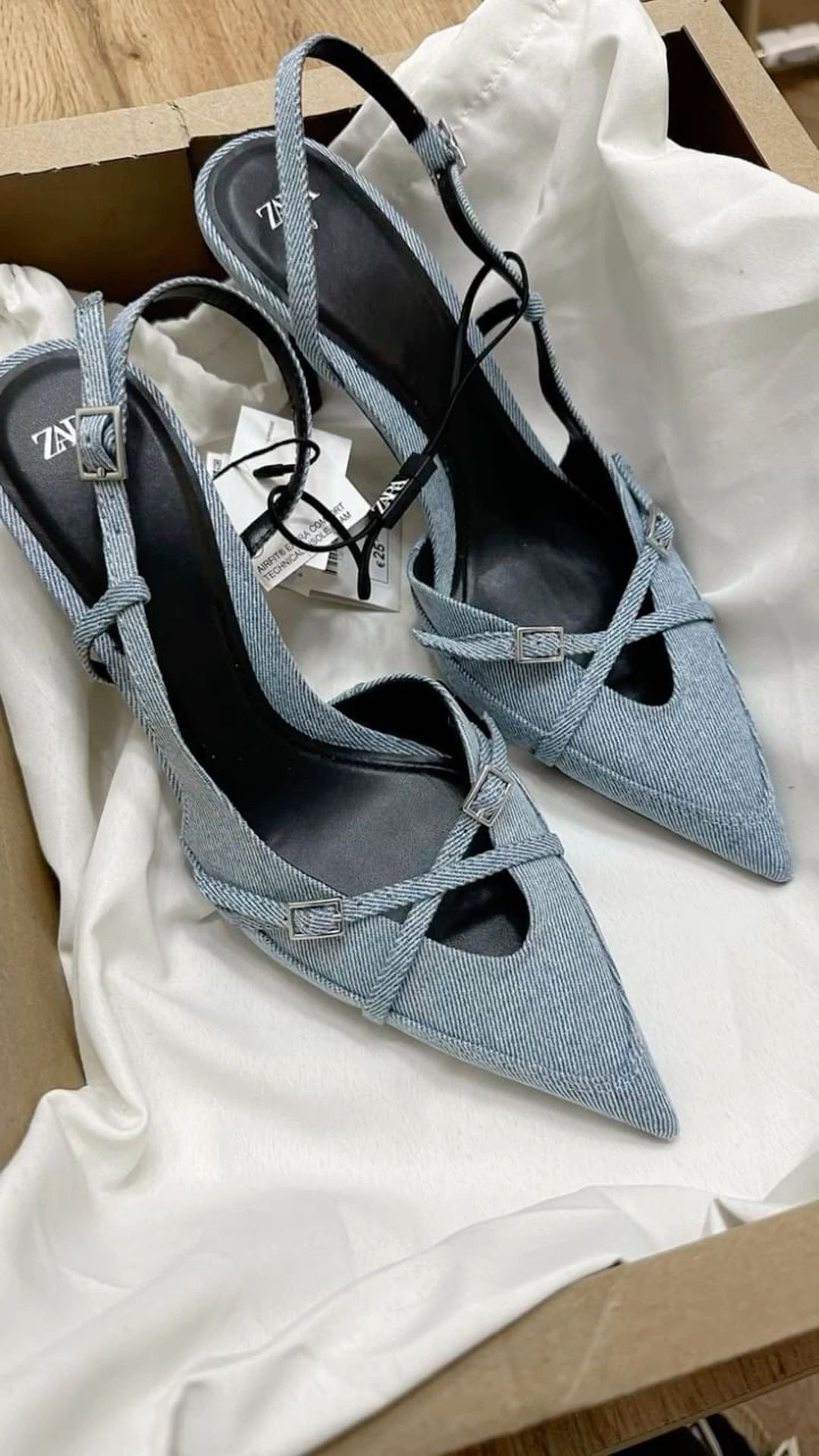 Denim Crisscross Strap Pointed-Toe Heels – Light Blue