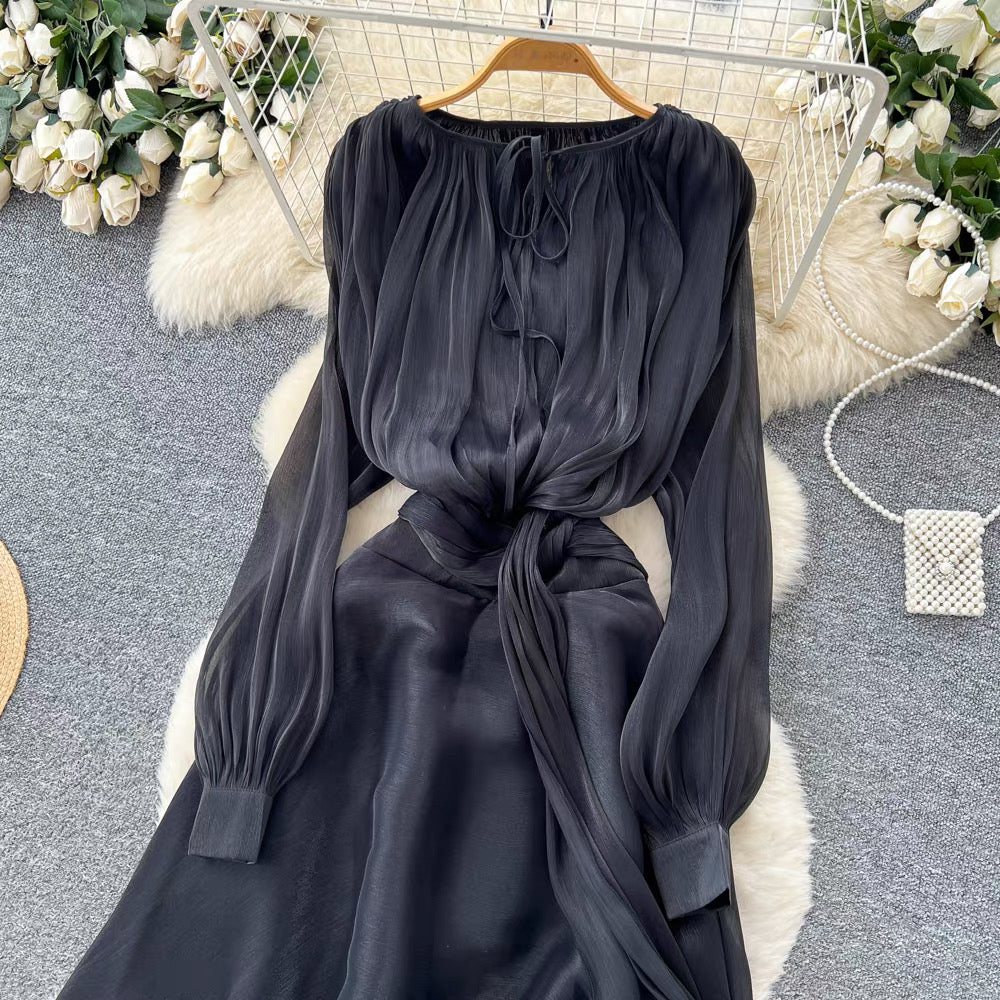 Flowy Long-Sleeve Maxi Dress – Lace-Up Neckline & Waist Tie