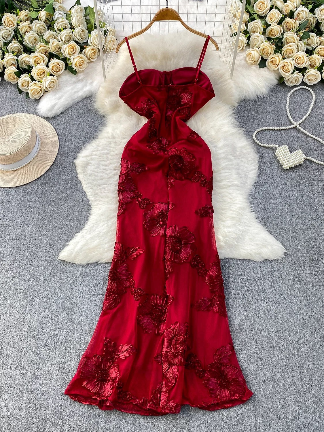 Embroidered Satin Spaghetti‑Strap Maxi Dress – Elegant Floral Design, Sizes M–XL