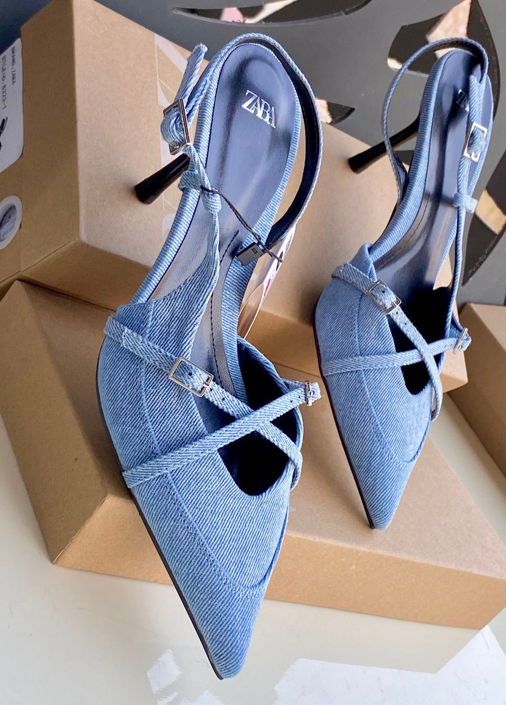Denim Crisscross Strap Pointed-Toe Heels – Light Blue