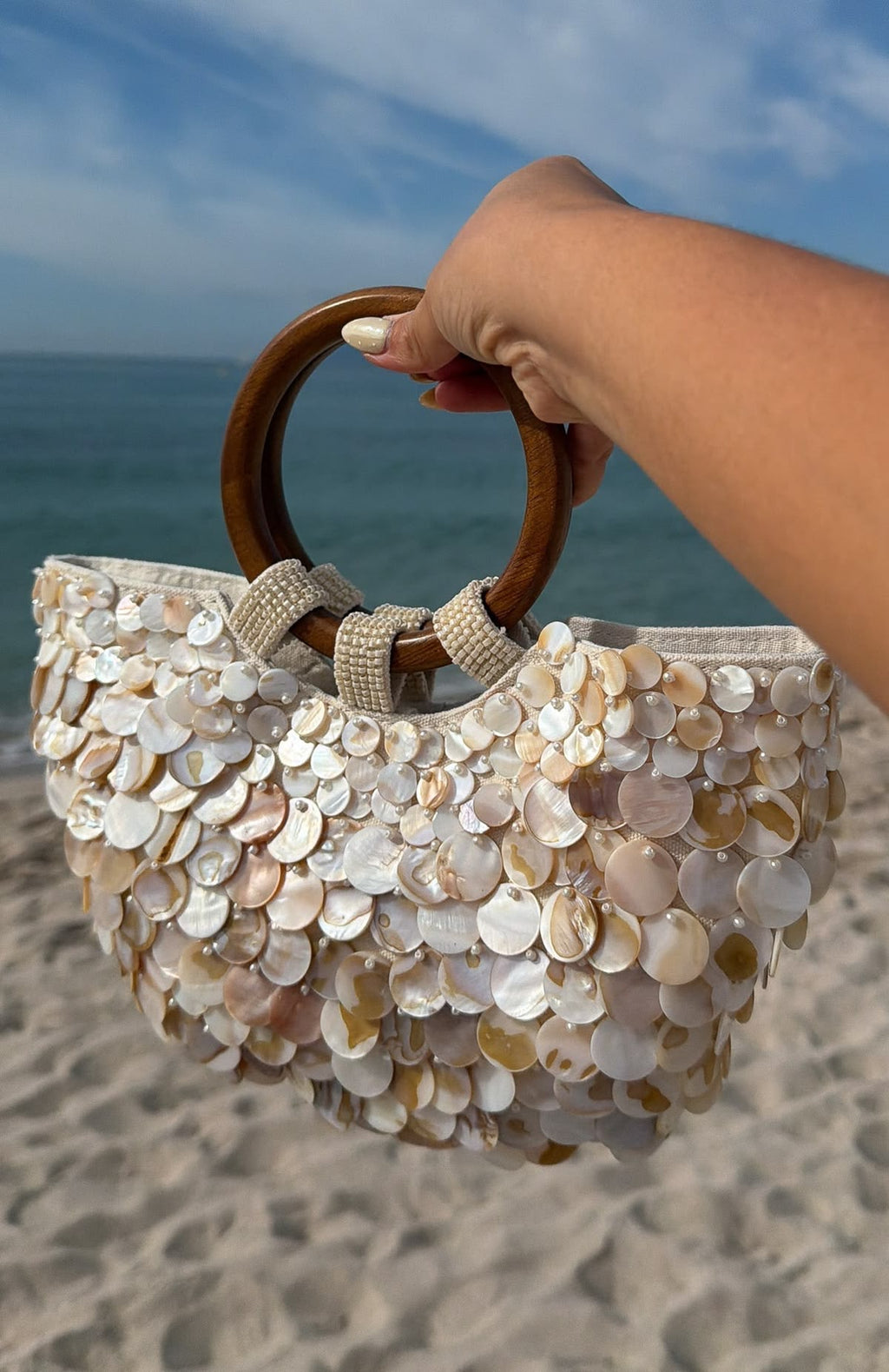 Mother-of-Pearl Shell Tote Bag with Wooden Handles