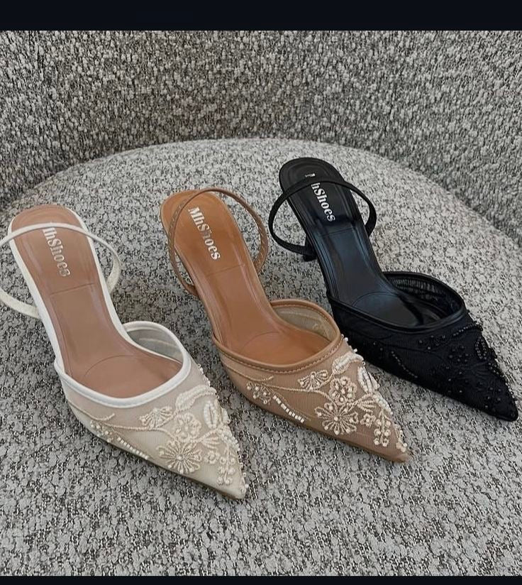Embroidered Floral Pointed-Toe Heels – Slingback & Strap Styles