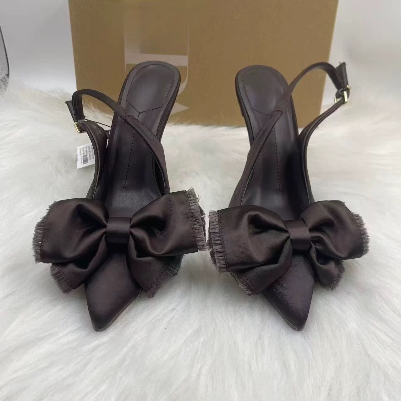 Dark Brown Satin Bow Slingback Heels – Pointed Toe, 10 cm Heel, Sizes 35–42