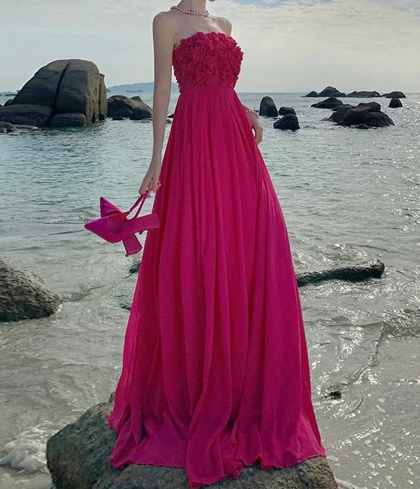 Pink Strapless Floral‑Bodice Maxi Dress – Elegant Flowing Silhouette, Sizes S–XL