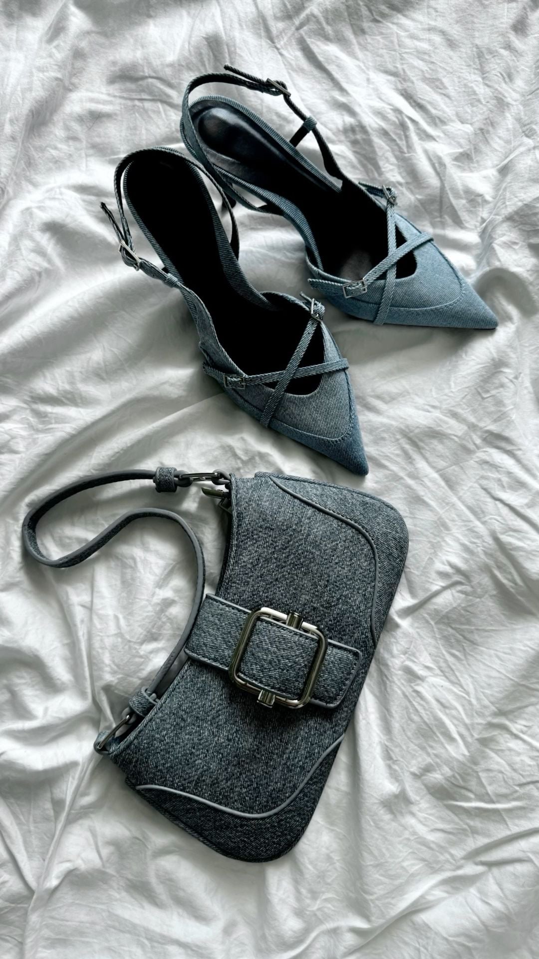 Denim Crisscross Strap Pointed-Toe Heels – Light Blue