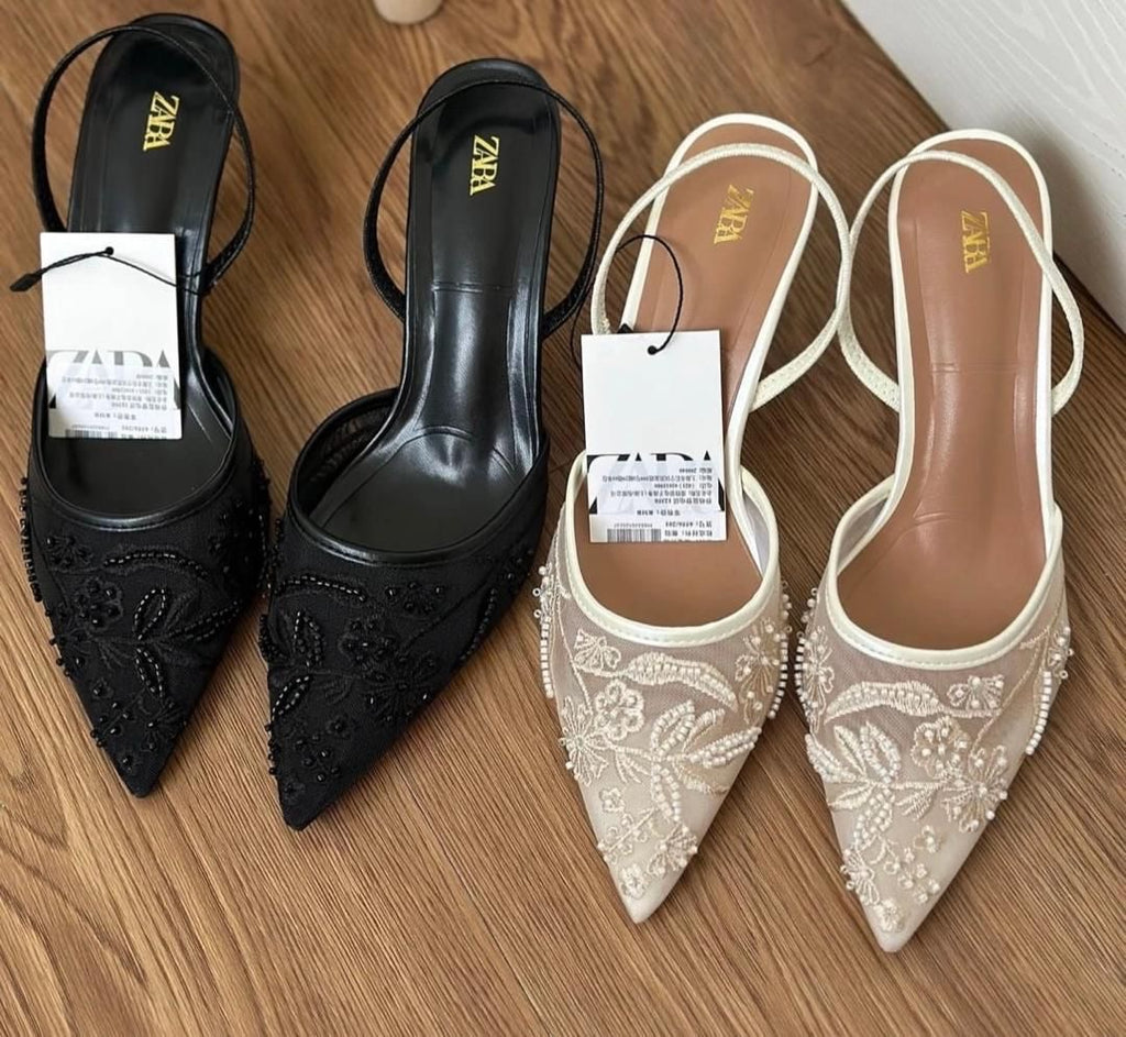 Embroidered Floral Pointed-Toe Heels – Slingback & Strap Styles