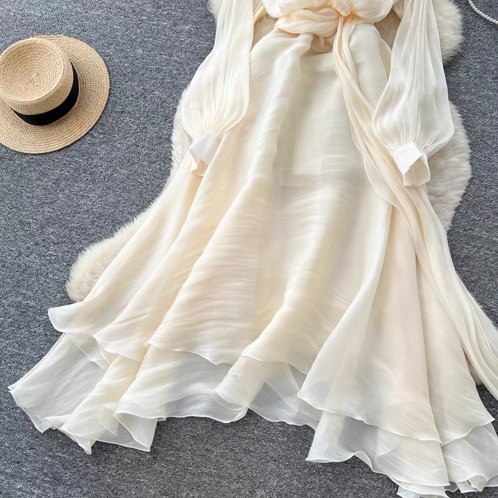 Flowy Long-Sleeve Maxi Dress – Lace-Up Neckline & Waist Tie