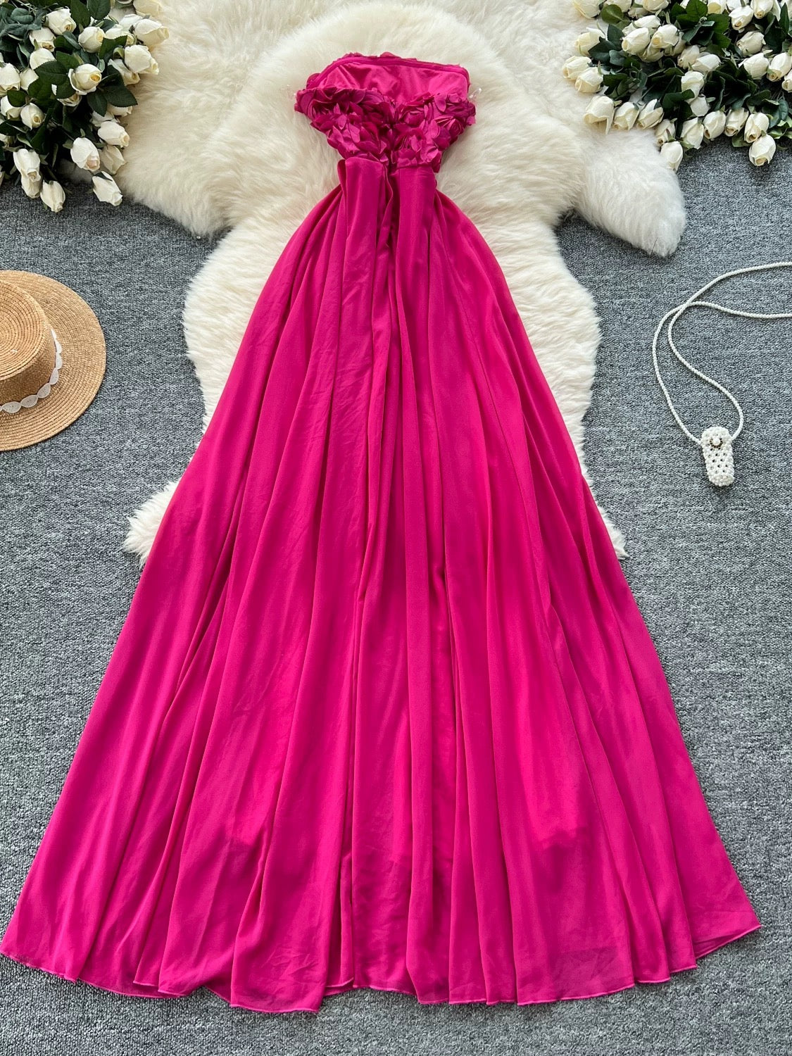 Pink Strapless Floral‑Bodice Maxi Dress – Elegant Flowing Silhouette, Sizes S–XL