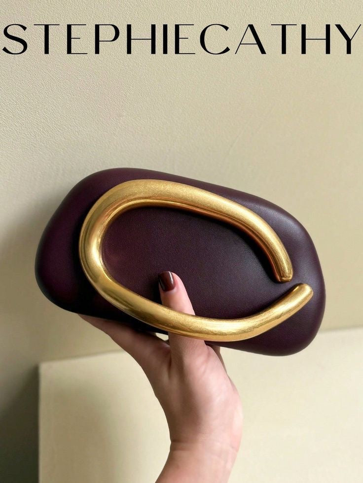 Modern Sculptural PU Leather Clutch - Geometric Evening Bag with Gold Metallic Handle