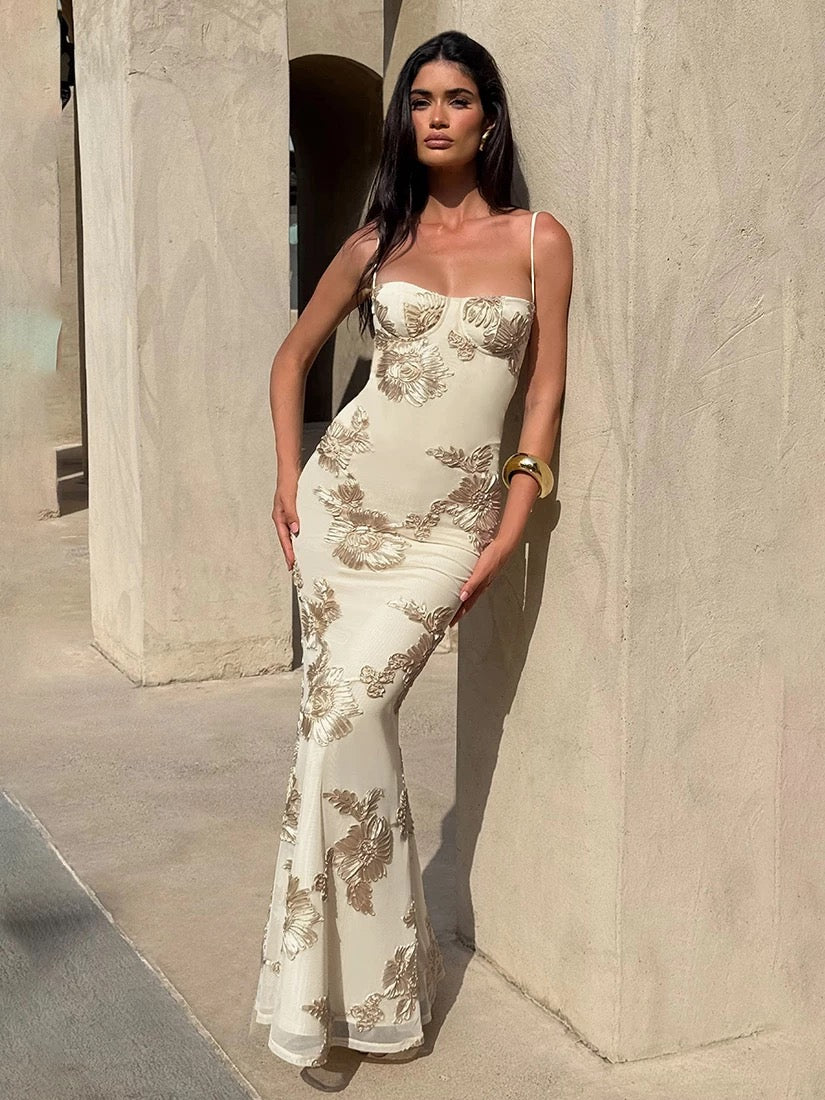 Embroidered Satin Spaghetti‑Strap Maxi Dress – Elegant Floral Design, Sizes M–XL