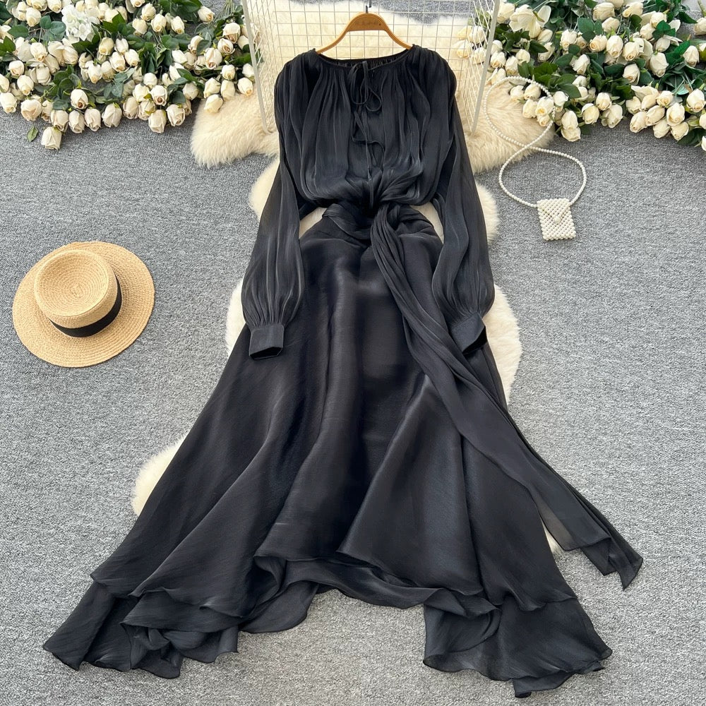 Flowy Long-Sleeve Maxi Dress – Lace-Up Neckline & Waist Tie