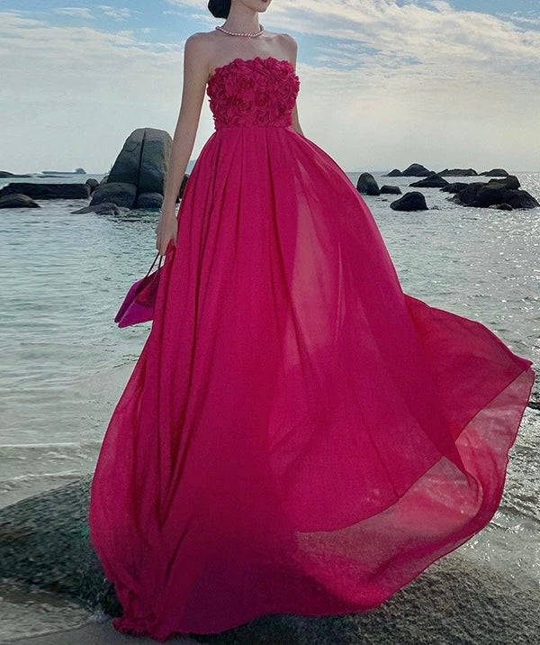 Pink Strapless Floral‑Bodice Maxi Dress – Elegant Flowing Silhouette, Sizes S–XL