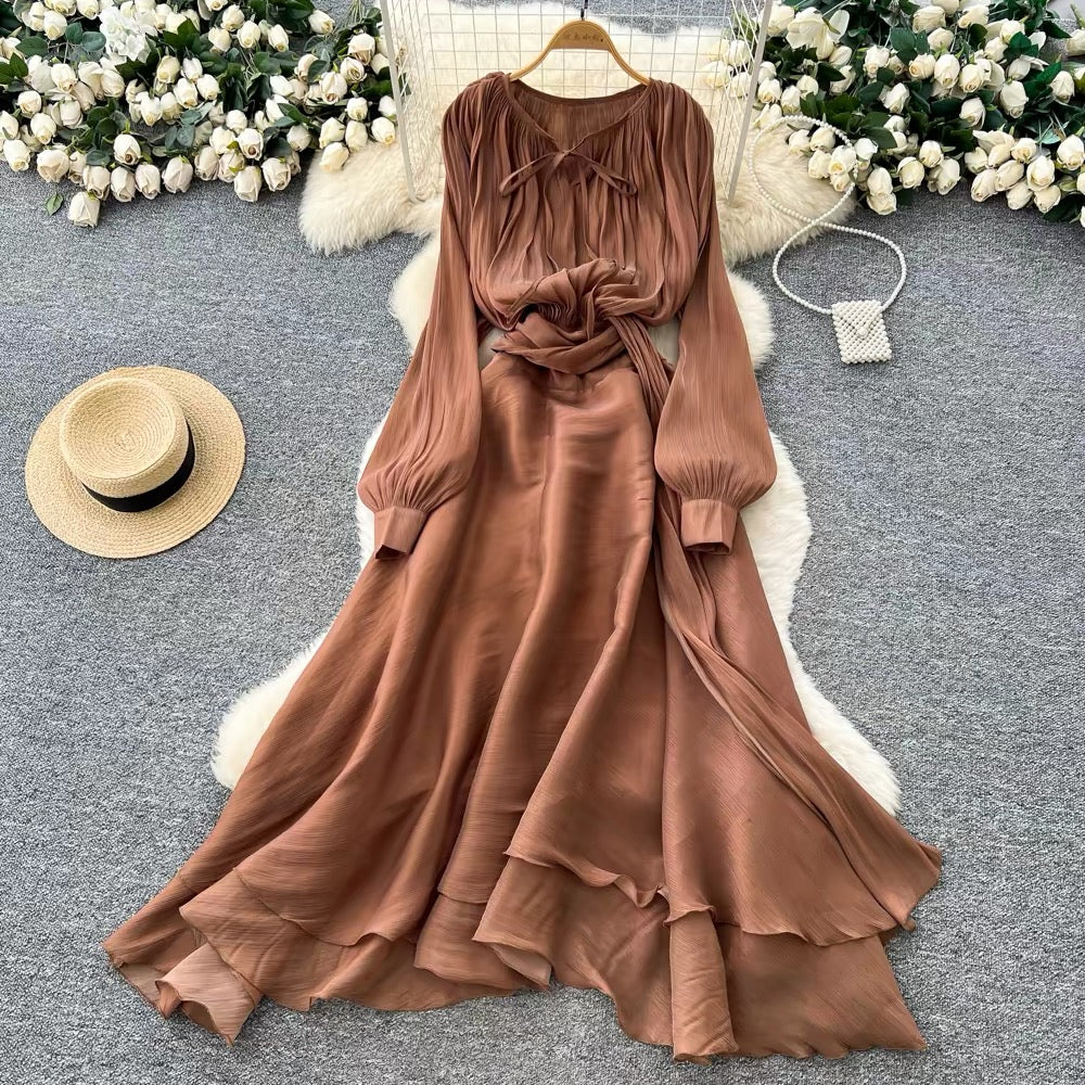 Flowy Long-Sleeve Maxi Dress – Lace-Up Neckline & Waist Tie