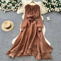Flowy Long-Sleeve Maxi Dress – Lace-Up Neckline & Waist Tie