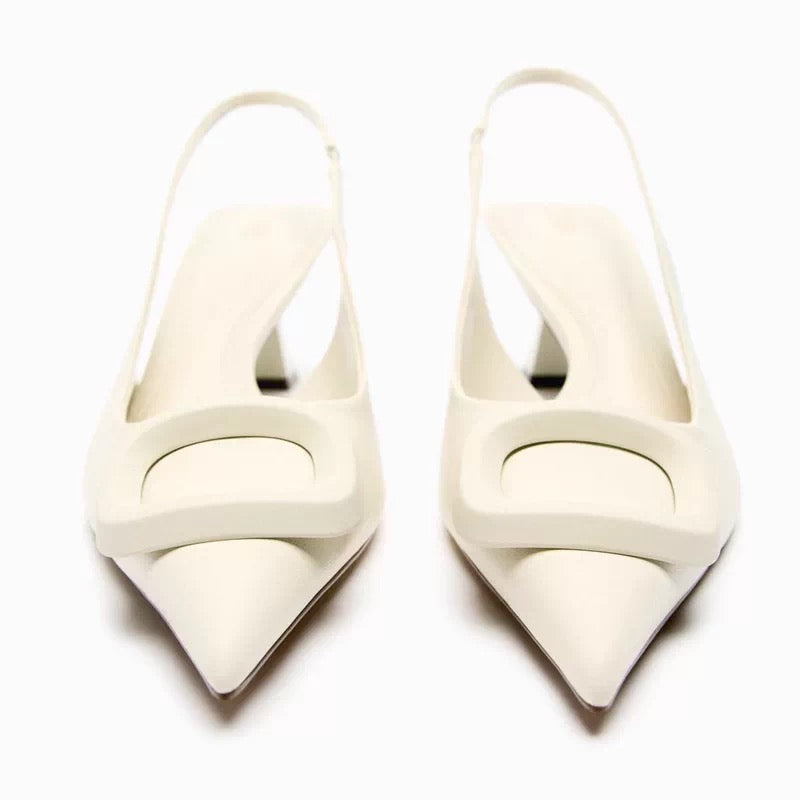 White Buckle Slingback Block Heels – Pointed Toe, 5 cm Heel, Sizes 35–42