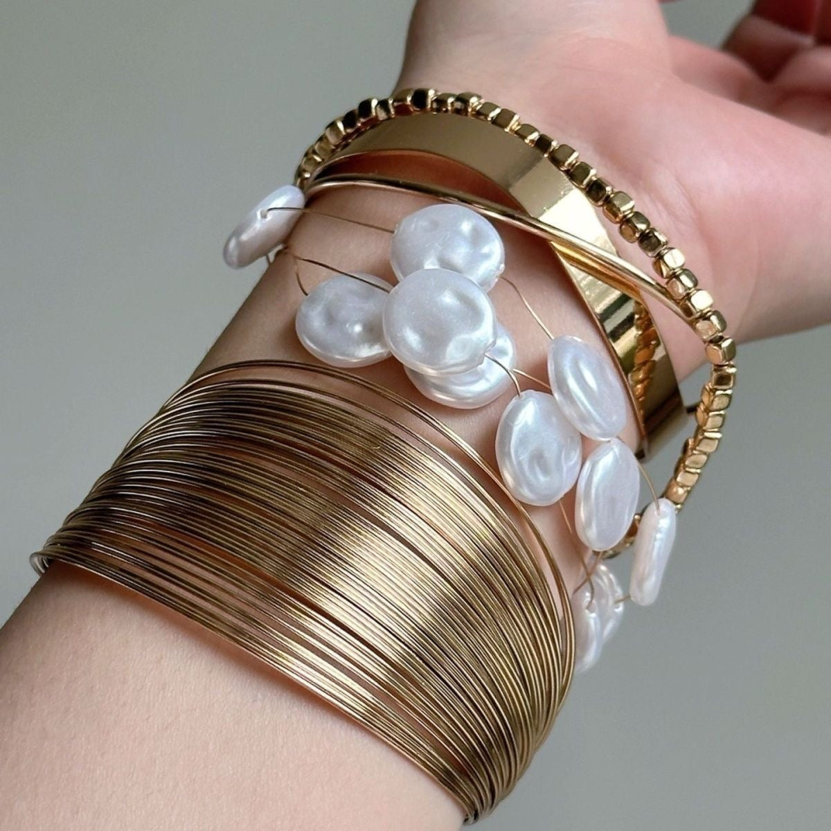 Gold Multi‑Style Bracelet Set – Cuff, Pearl Beads & Classic Bangles (4‑Piece Set)