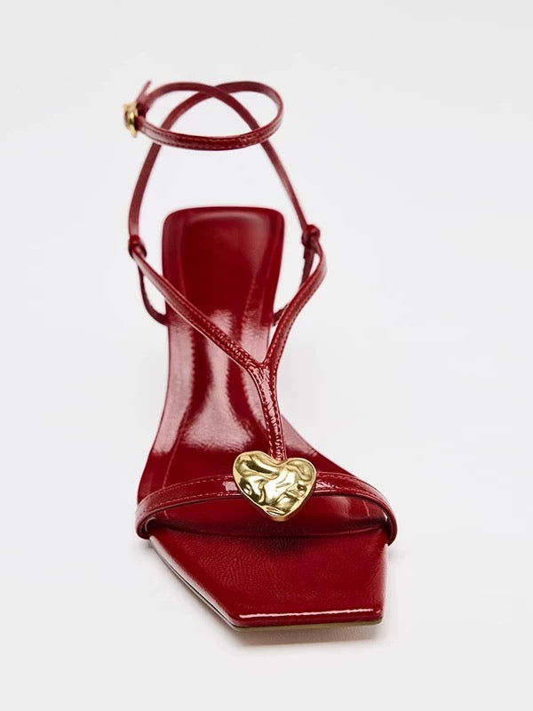 Red Heart‑Embellished Strappy Heels – Square Toe Design