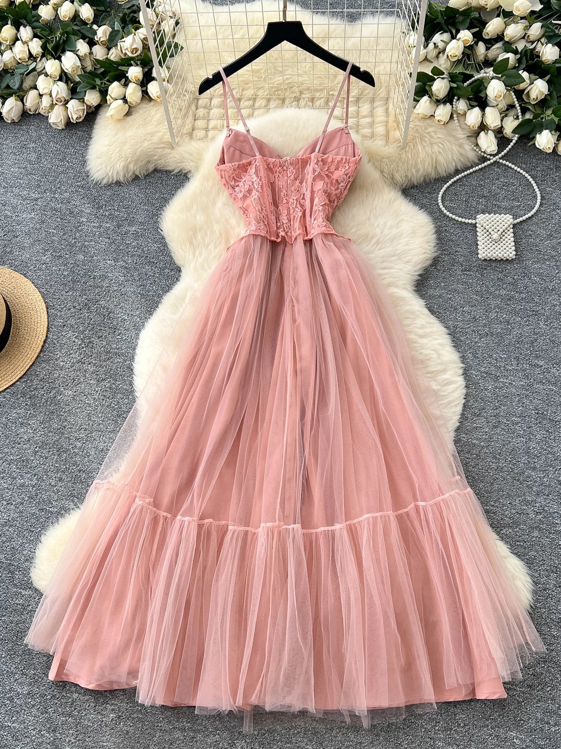 Pink Lace Bodice Spaghetti‑Strap Tulle Maxi Dress – Elegant Party Wear, Sizes S–L