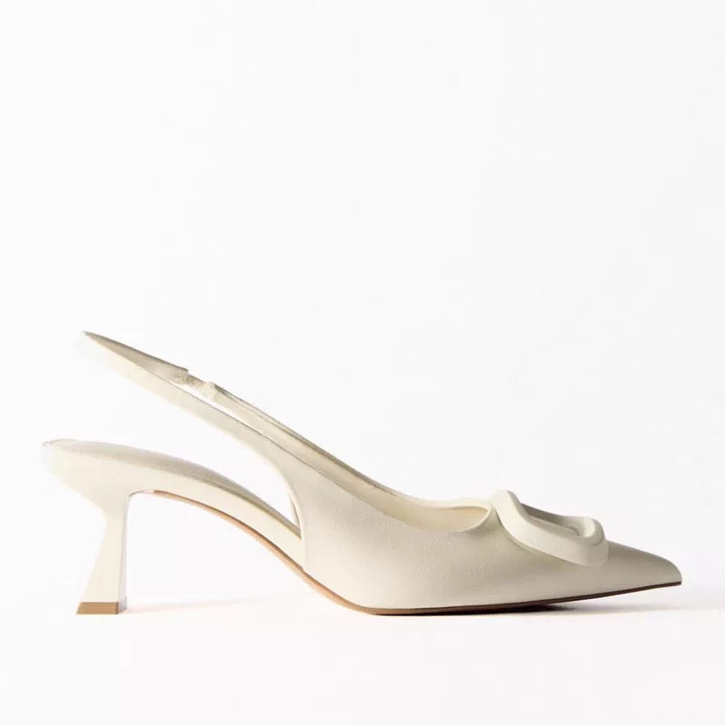 White Buckle Slingback Block Heels – Pointed Toe, 5 cm Heel, Sizes 35–42