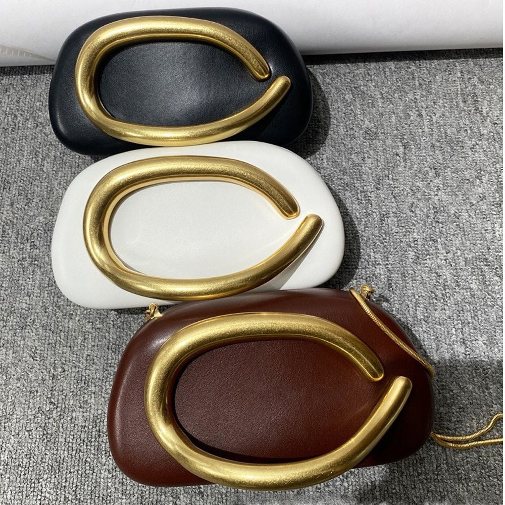 Modern Sculptural PU Leather Clutch - Geometric Evening Bag with Gold Metallic Handle