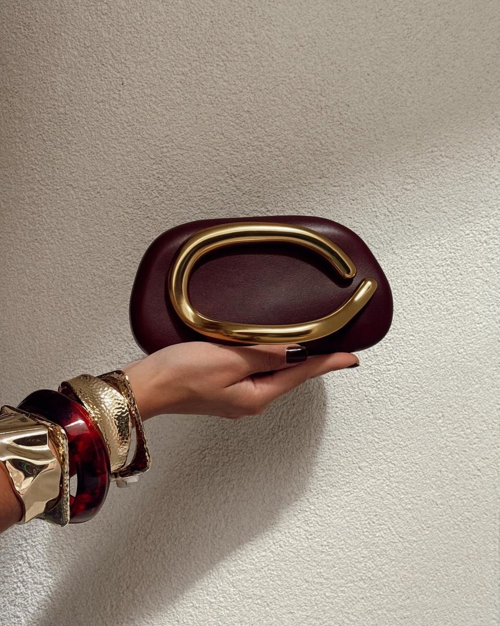 Modern Sculptural PU Leather Clutch - Geometric Evening Bag with Gold Metallic Handle