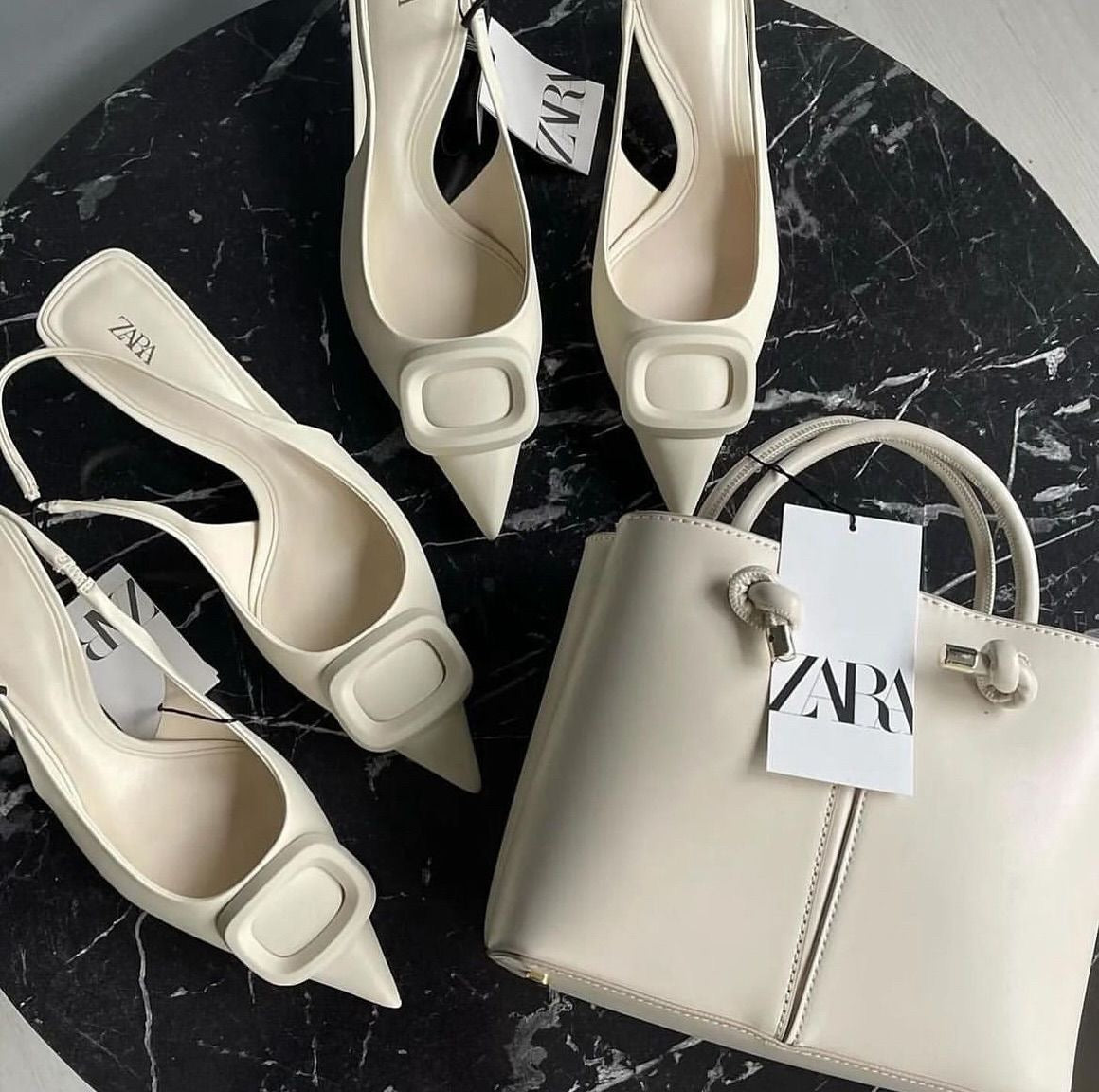 White Buckle Slingback Block Heels – Pointed Toe, 5 cm Heel, Sizes 35–42