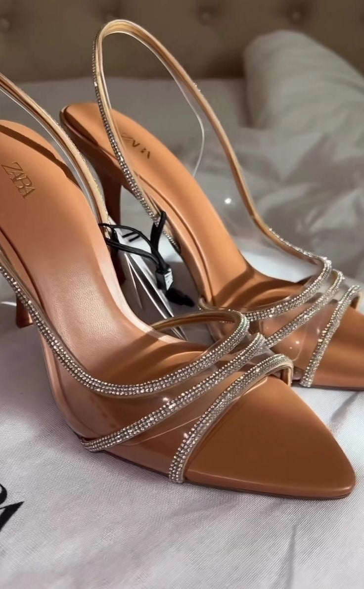 Tan Rhinestone Strap High-Heel Sandals – Elegant Evening Heel