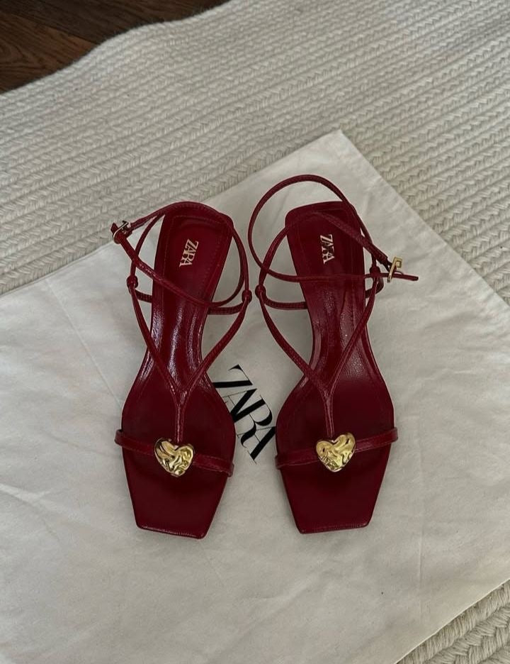 Red Heart‑Embellished Strappy Heels – Square Toe Design