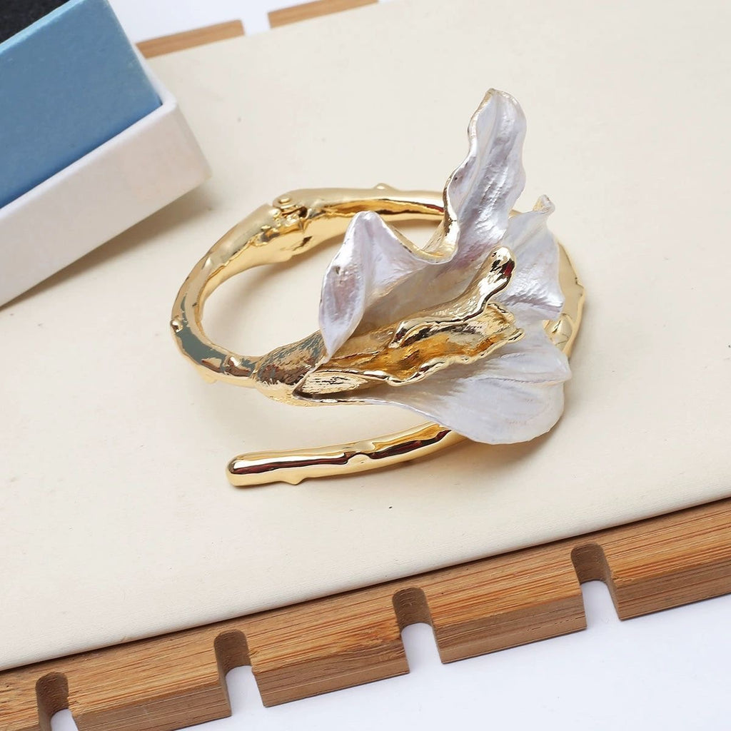 Gold & White Floral Statement Bracelet – Sculpted Petal Design, Adjustable Fit