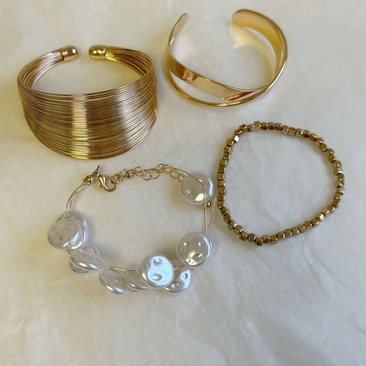 Gold Multi‑Style Bracelet Set – Cuff, Pearl Beads & Classic Bangles (4‑Piece Set)