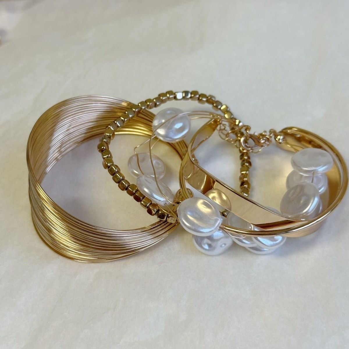 Gold Multi‑Style Bracelet Set – Cuff, Pearl Beads & Classic Bangles (4‑Piece Set)