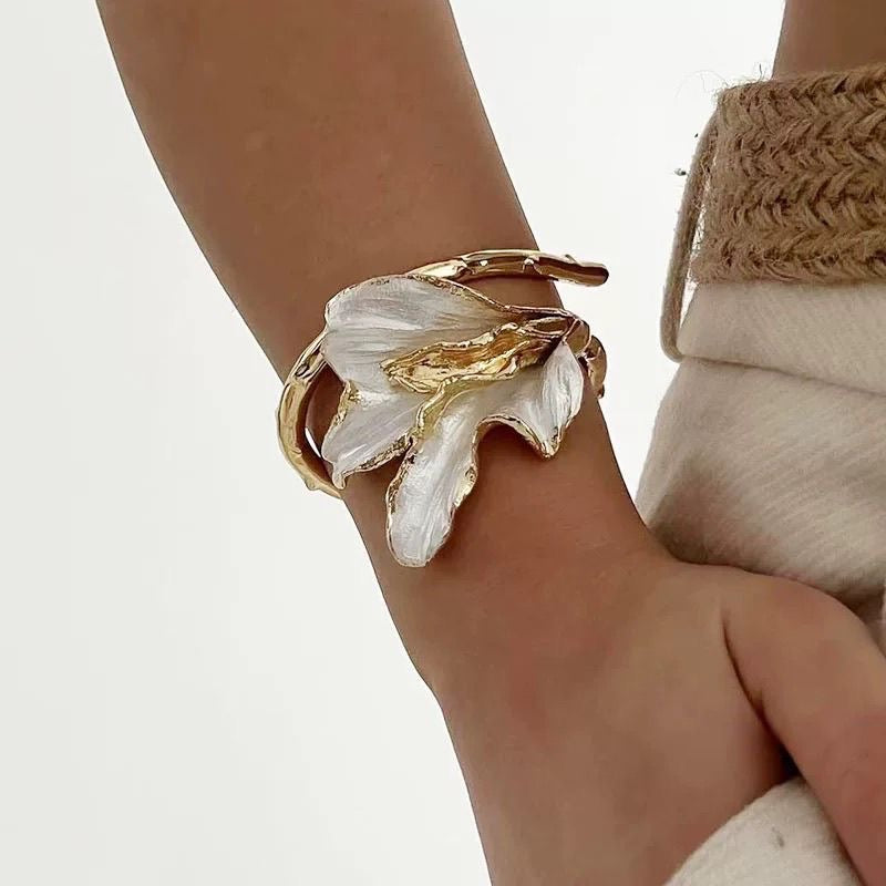 Gold & White Floral Statement Bracelet – Sculpted Petal Design, Adjustable Fit