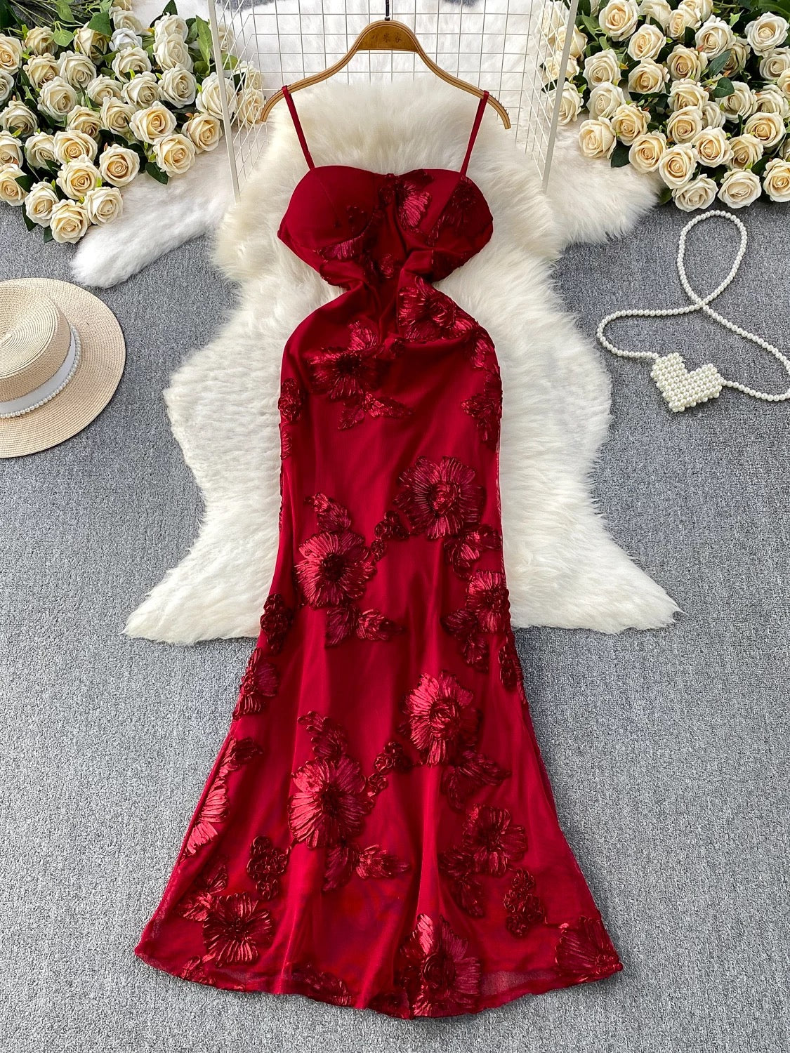 Embroidered Satin Spaghetti‑Strap Maxi Dress – Elegant Floral Design, Sizes M–XL