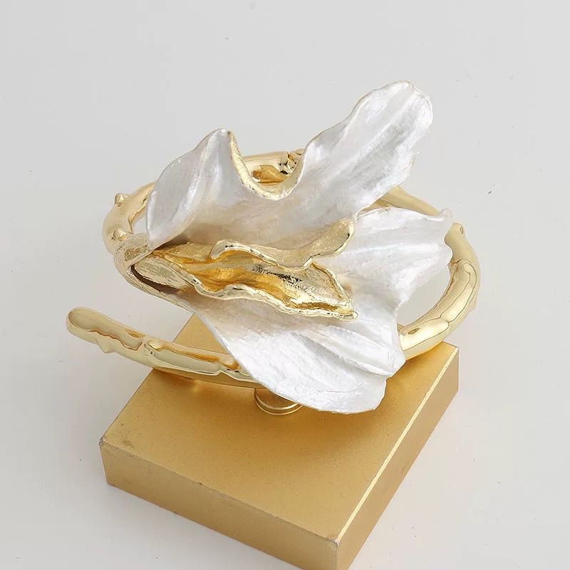 Gold & White Floral Statement Bracelet – Sculpted Petal Design, Adjustable Fit