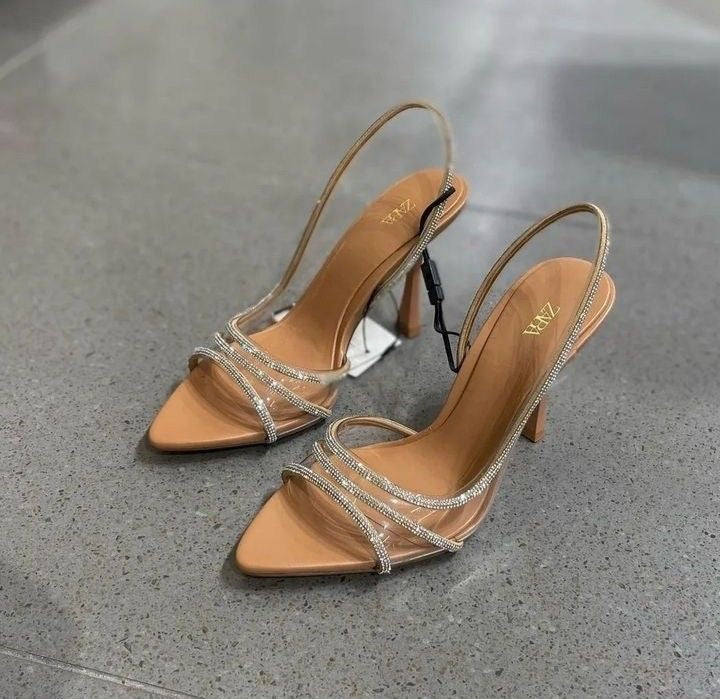 Tan Rhinestone Strap High-Heel Sandals – Elegant Evening Heel