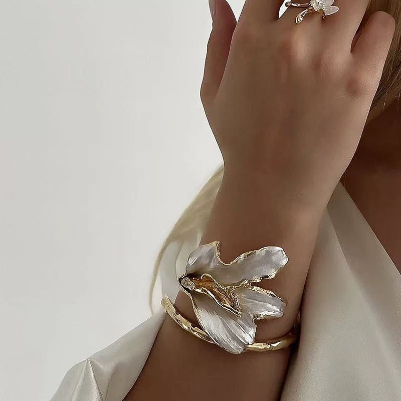 Gold & White Floral Statement Bracelet – Sculpted Petal Design, Adjustable Fit