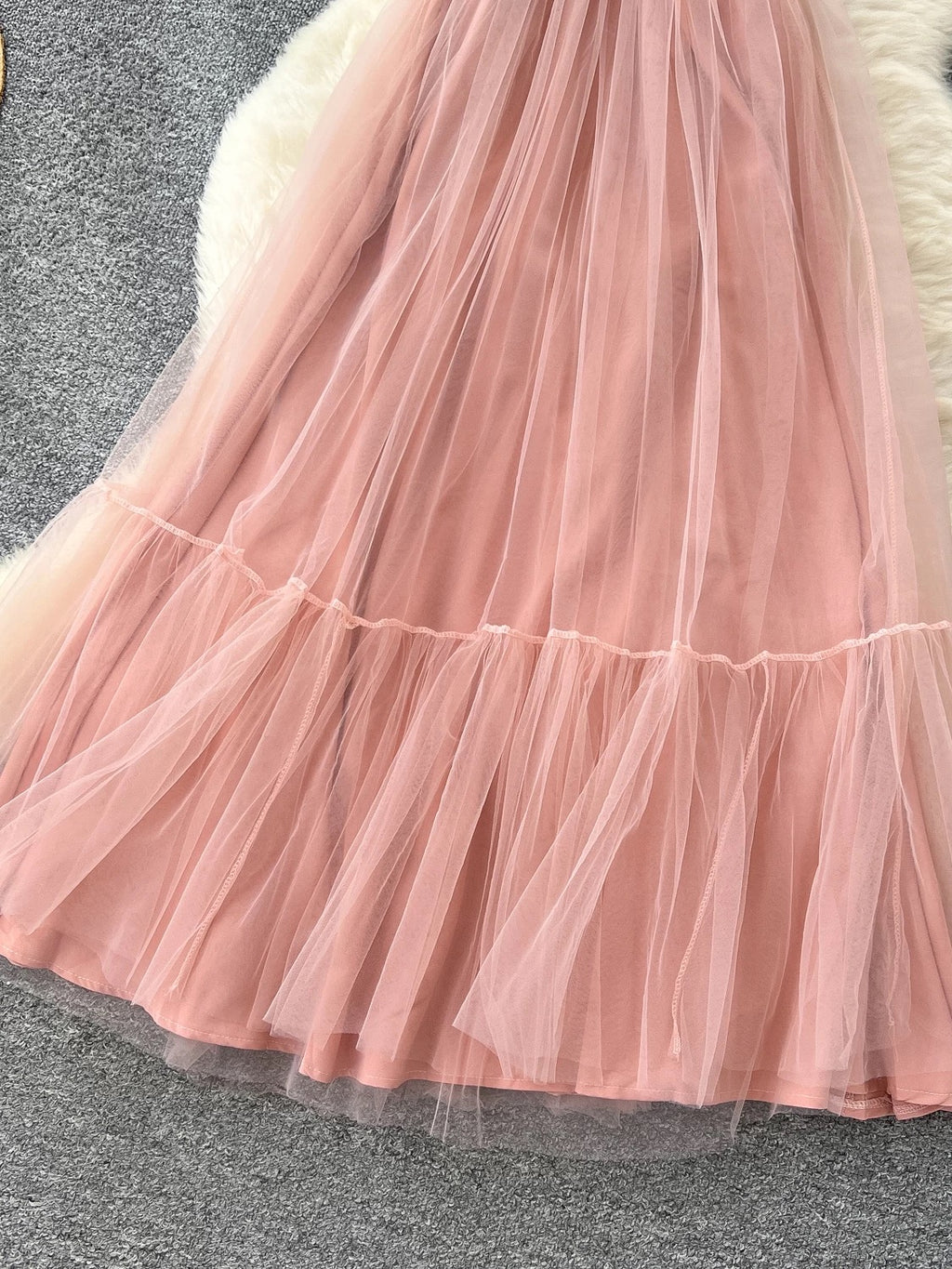 Pink Lace Bodice Spaghetti‑Strap Tulle Maxi Dress – Elegant Party Wear, Sizes S–L