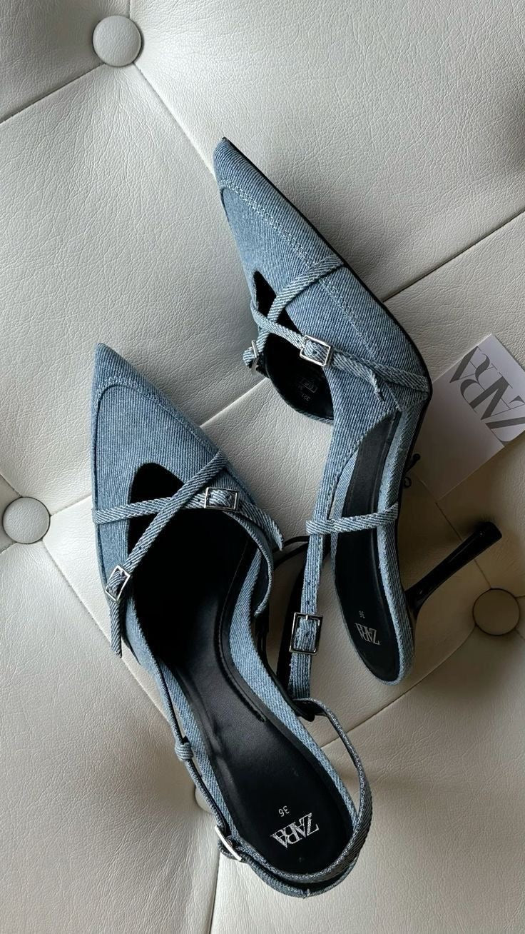 Denim Crisscross Strap Pointed-Toe Heels – Light Blue