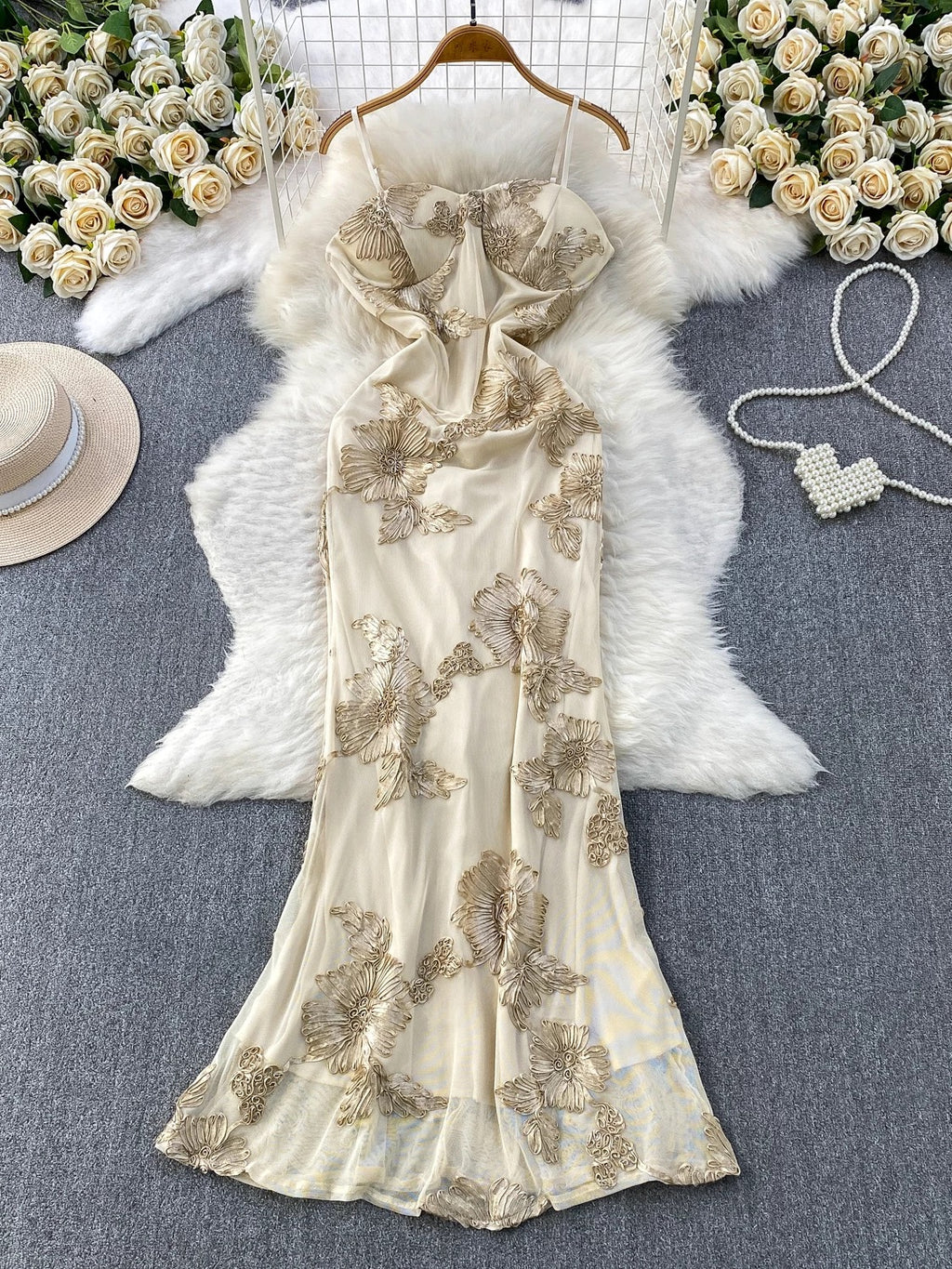 Embroidered Satin Spaghetti‑Strap Maxi Dress – Elegant Floral Design, Sizes M–XL