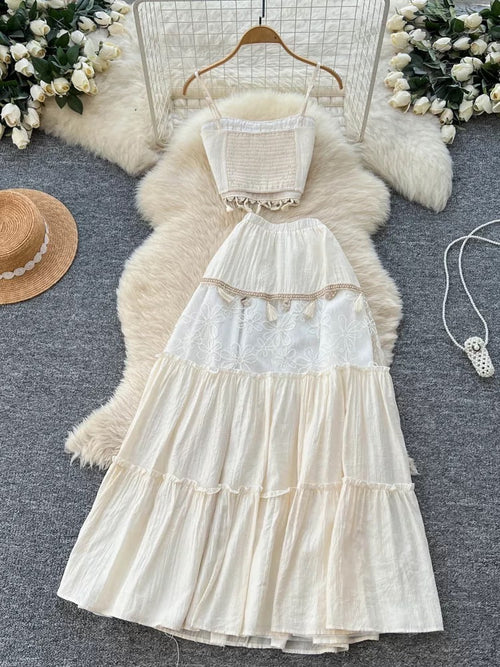 Bohemian Embroidered Two-Piece Set - Crop Top & Tiered Maxi Skirt