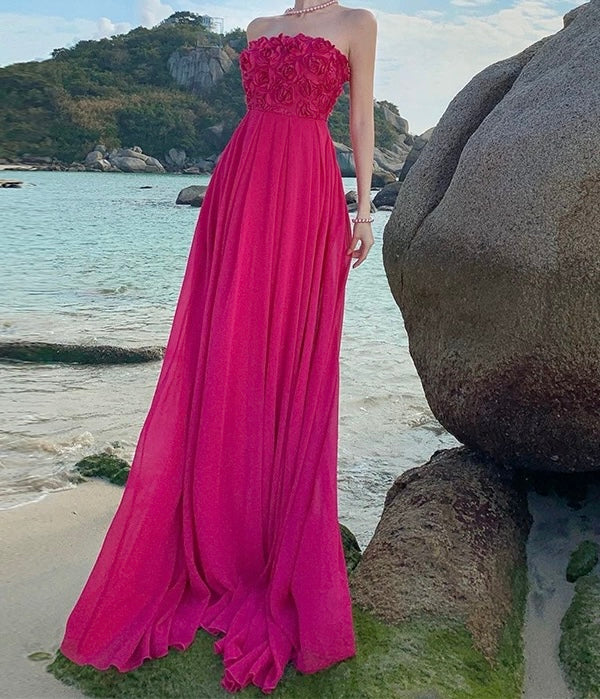 Pink Strapless Floral‑Bodice Maxi Dress – Elegant Flowing Silhouette, Sizes S–XL