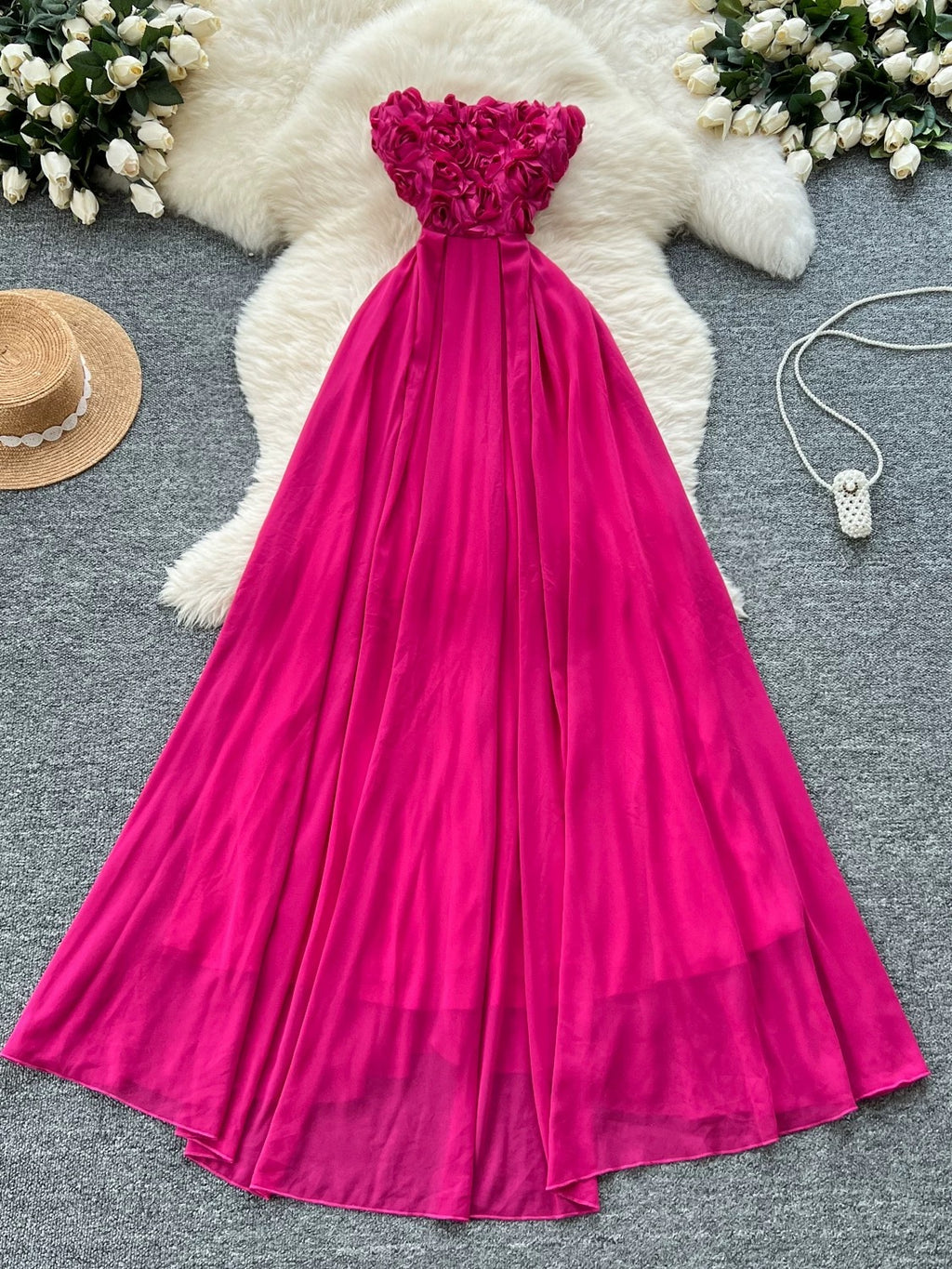 Pink Strapless Floral‑Bodice Maxi Dress – Elegant Flowing Silhouette, Sizes S–XL