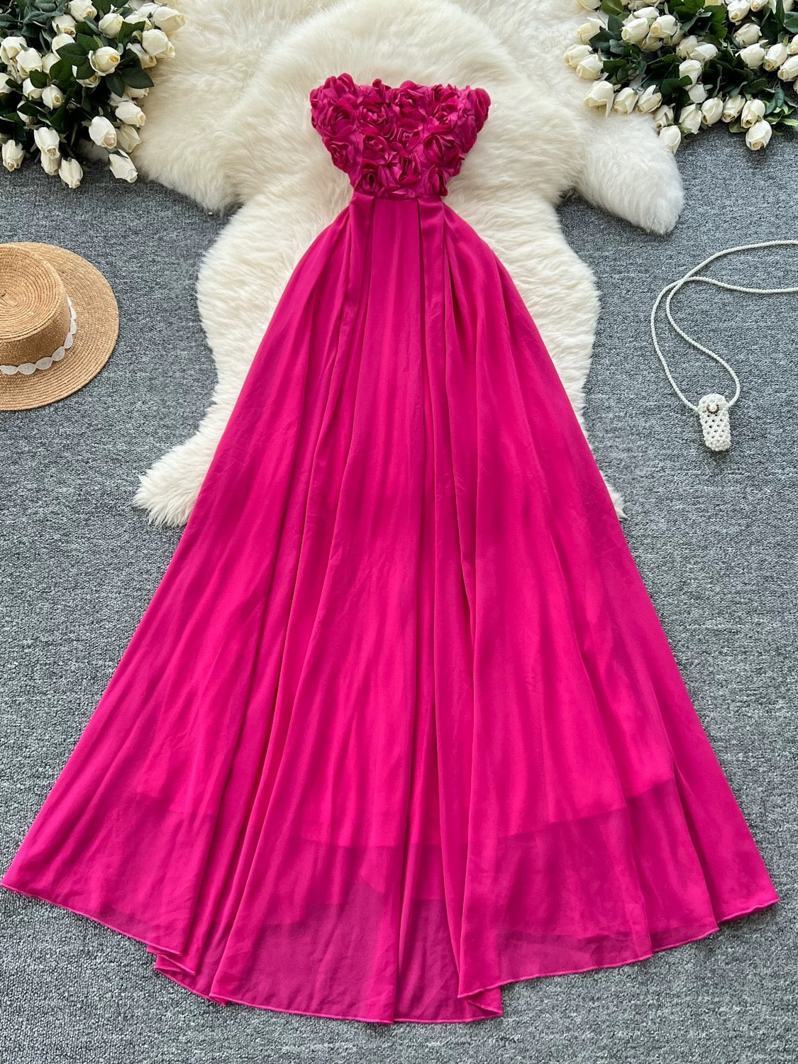 Pink Strapless Floral‑Bodice Maxi Dress – Elegant Flowing Silhouette, Sizes S–XL
