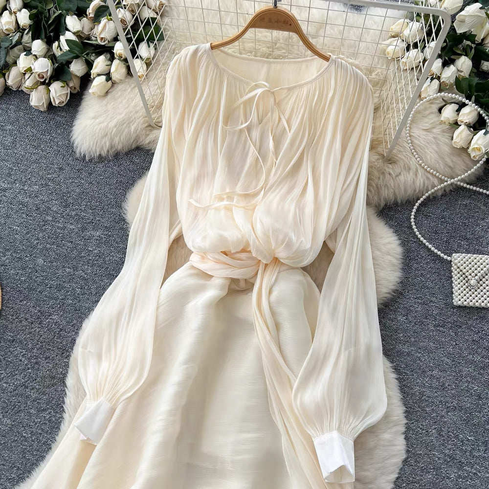Flowy Long-Sleeve Maxi Dress – Lace-Up Neckline & Waist Tie